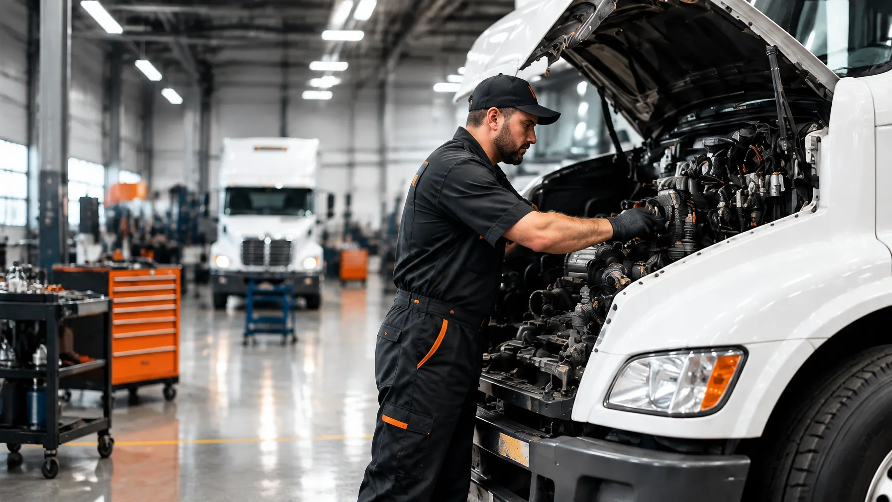 Technician servicing a commercial fleet truck in a workshop
