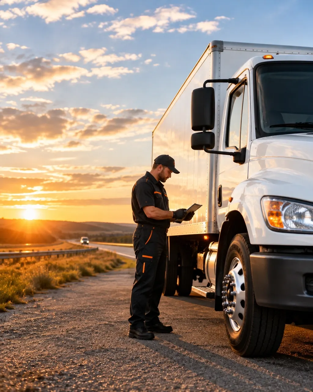Commercial fleet truck and technician at golden hour