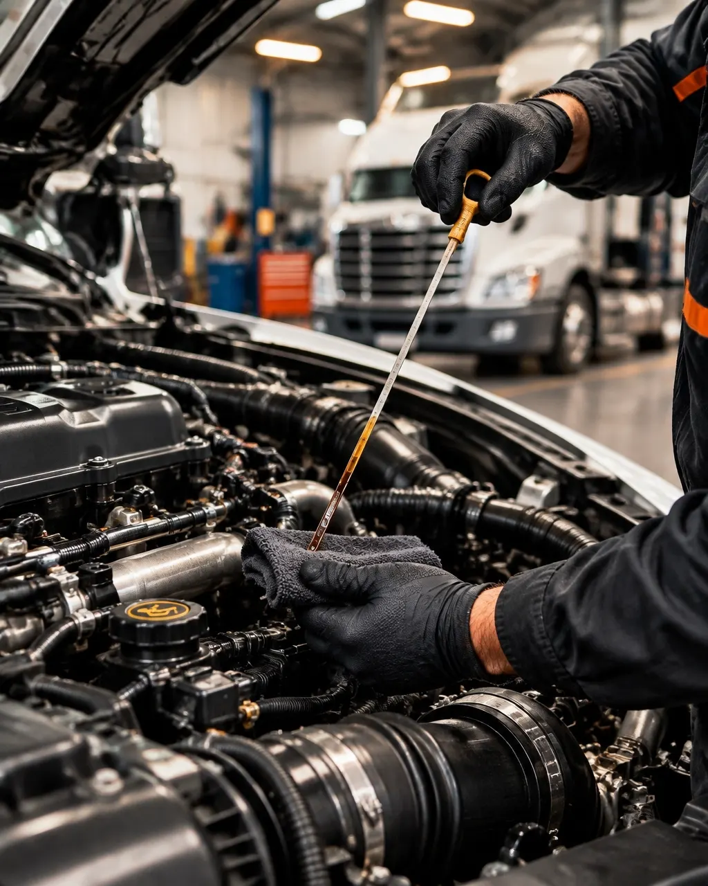 Technician inspecting a commercial truck engine