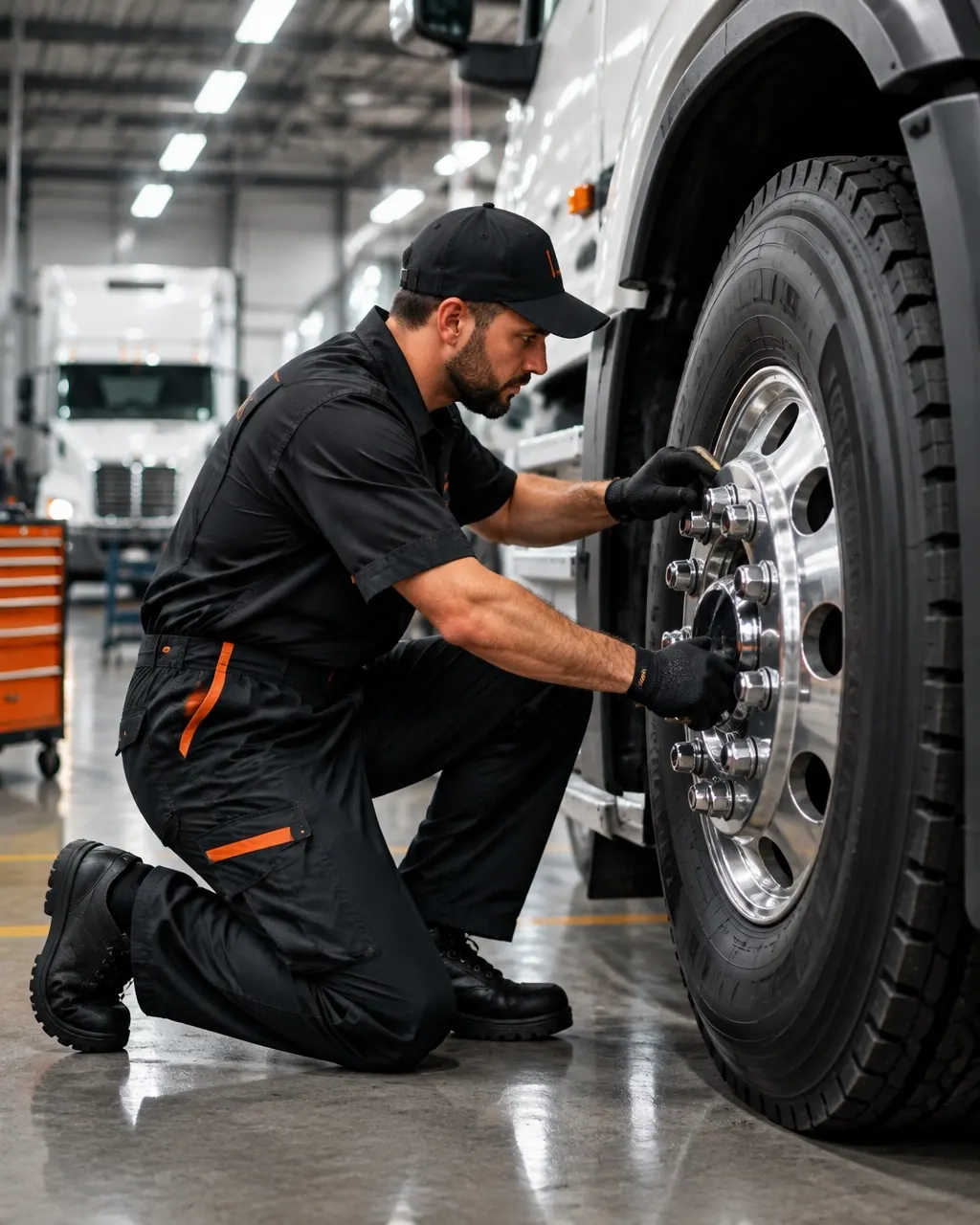 Technician servicing a commercial vehicle tire